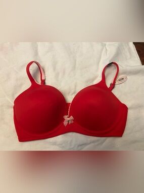 Victoria's Secret Red T-Shirt Bra with Pink Lace Bow body by Victoria no wire